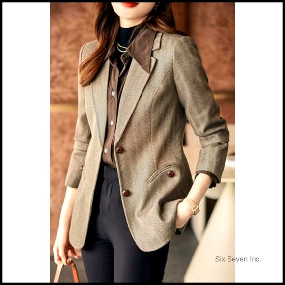 Wool Blend Notched Lapel Herringbone Blazer Slim Fit Single Breasted - Picture 3 of 6